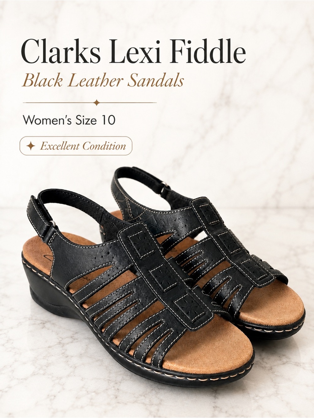 7. Clarks Lexi Fiddle Black Women’s Leather Sandals- size 10, lightweight, QVC